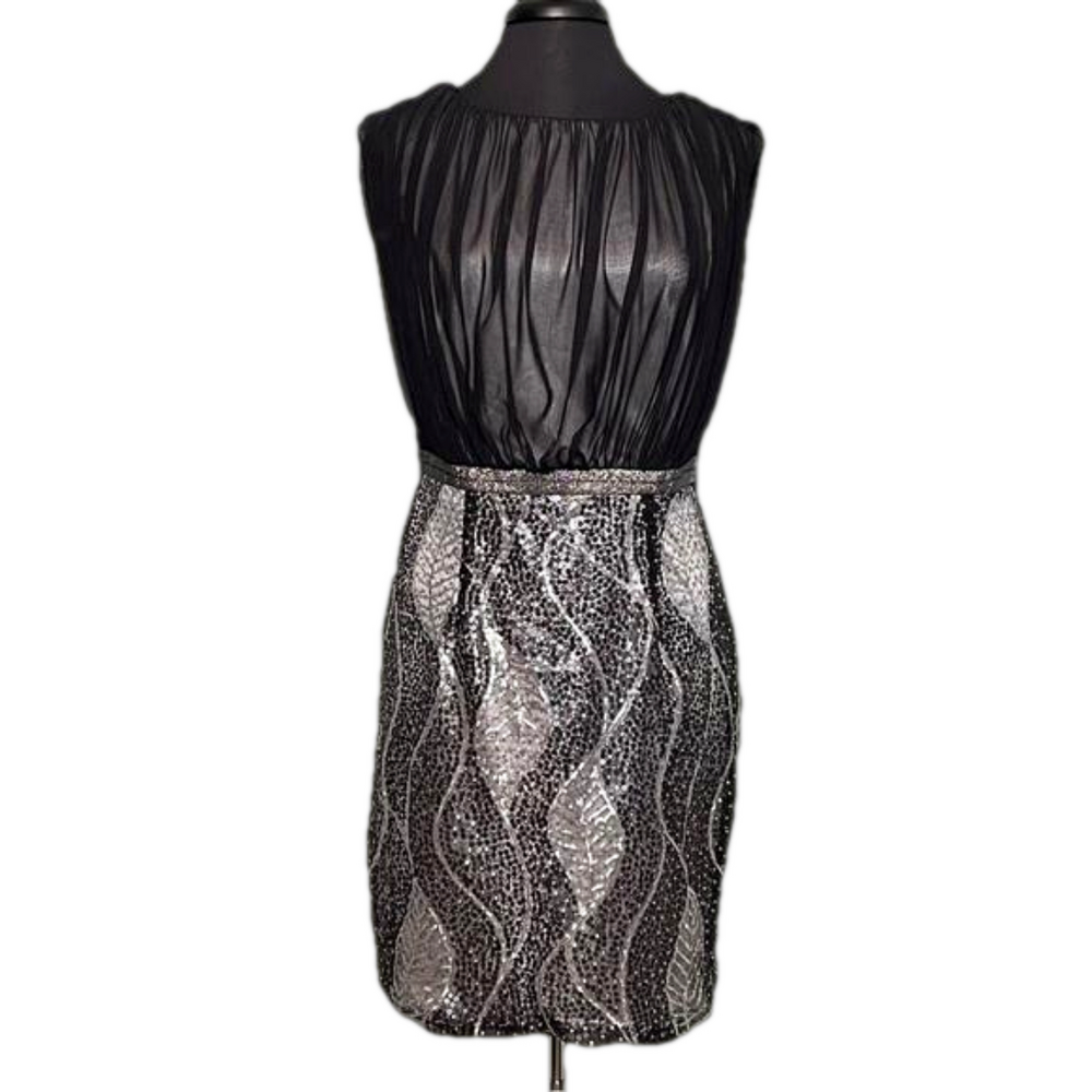 Jax Sheer & Sequin Sheath Dress Black & Silver Size 10